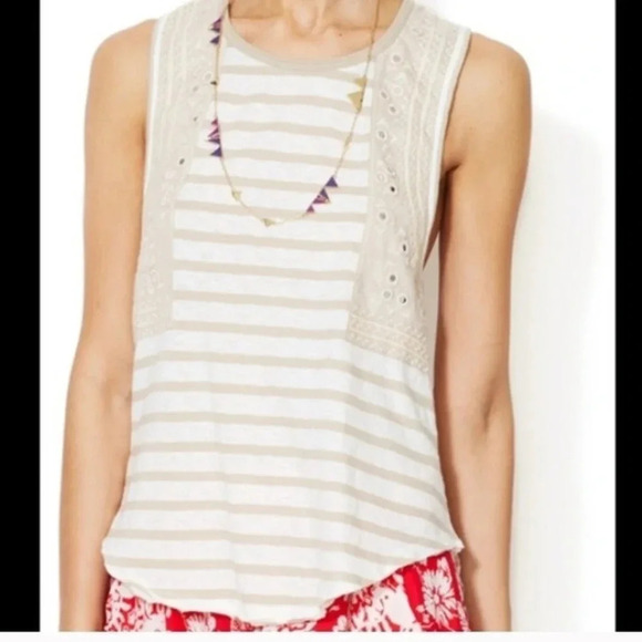 Free People Embroidered tan and white stripped Mirror Tank Top - Picture 3 of 8